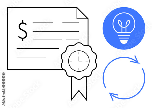 Certificate with ribbon indicating achievement or approval, lightbulb for innovation and ideas, circular arrows for process or renewal. Ideal for education, finance, innovation, sustainability