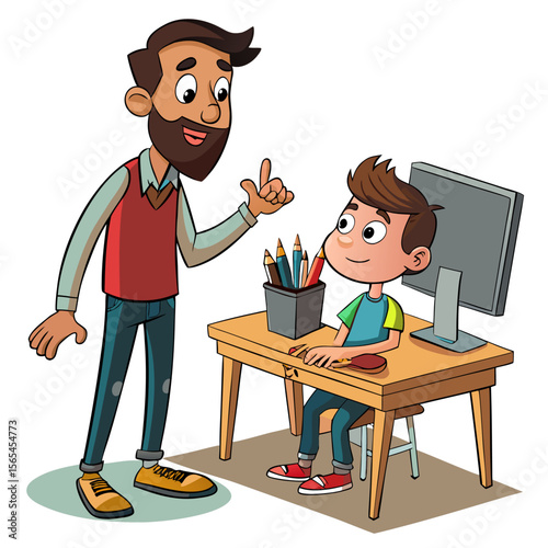 Black and White Cartoon of Curious Boy Pointing at Computer While Father Watches – Contrast Between Digital and Traditional Creativity