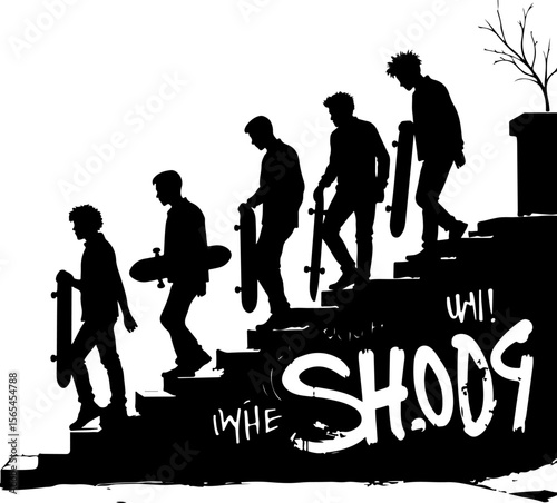 Skateboarders Going Uphill Silhouette Sequence vector bundle