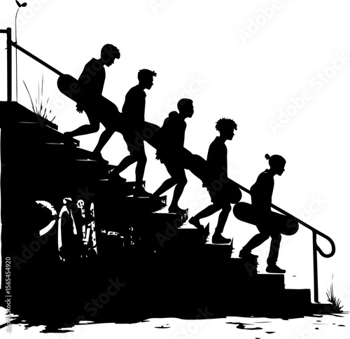 Skateboarders Going Uphill Silhouette Sequence vector bundle