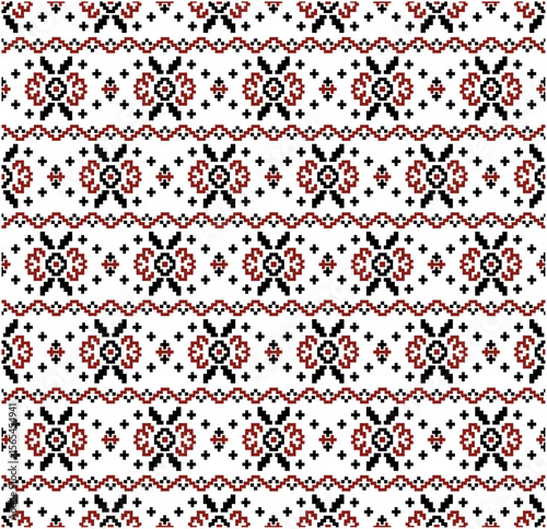 Traditional Ukrainian embroidery pattern with red and black geometric flowers and borders. Seamless pixel vector ornament isolated on white background. Folk embroidery and ethnic textile concept