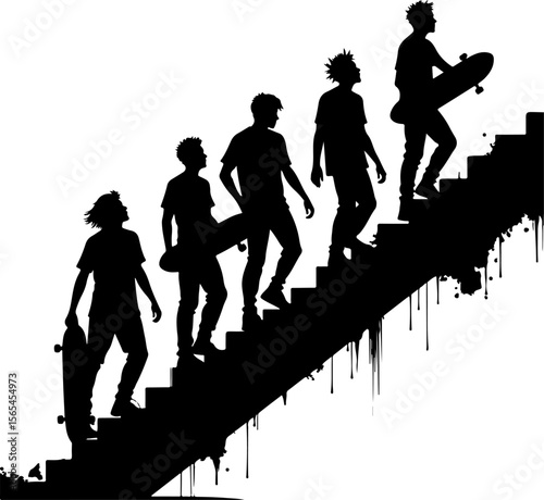  Skateboarders Walking Up Stairs Silhouette vector bundle