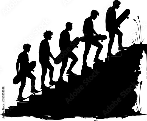 Skateboarders Going Uphill Silhouette Sequence vector bundle