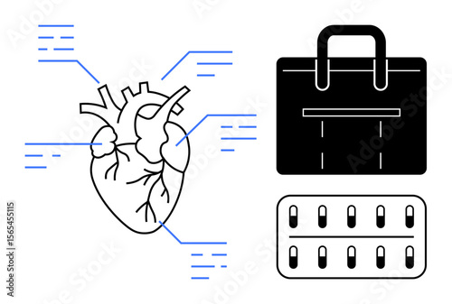 Human heart diagram with annotations alongside a briefcase and blister pack of pills. Ideal for healthcare, cardiology, medicine, balance, stress, wellness, self-care. Simple flat metaphor