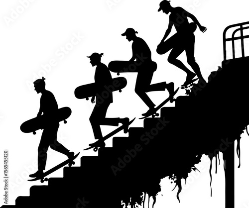  Skateboarders Walking Up Stairs Silhouette vector bundle