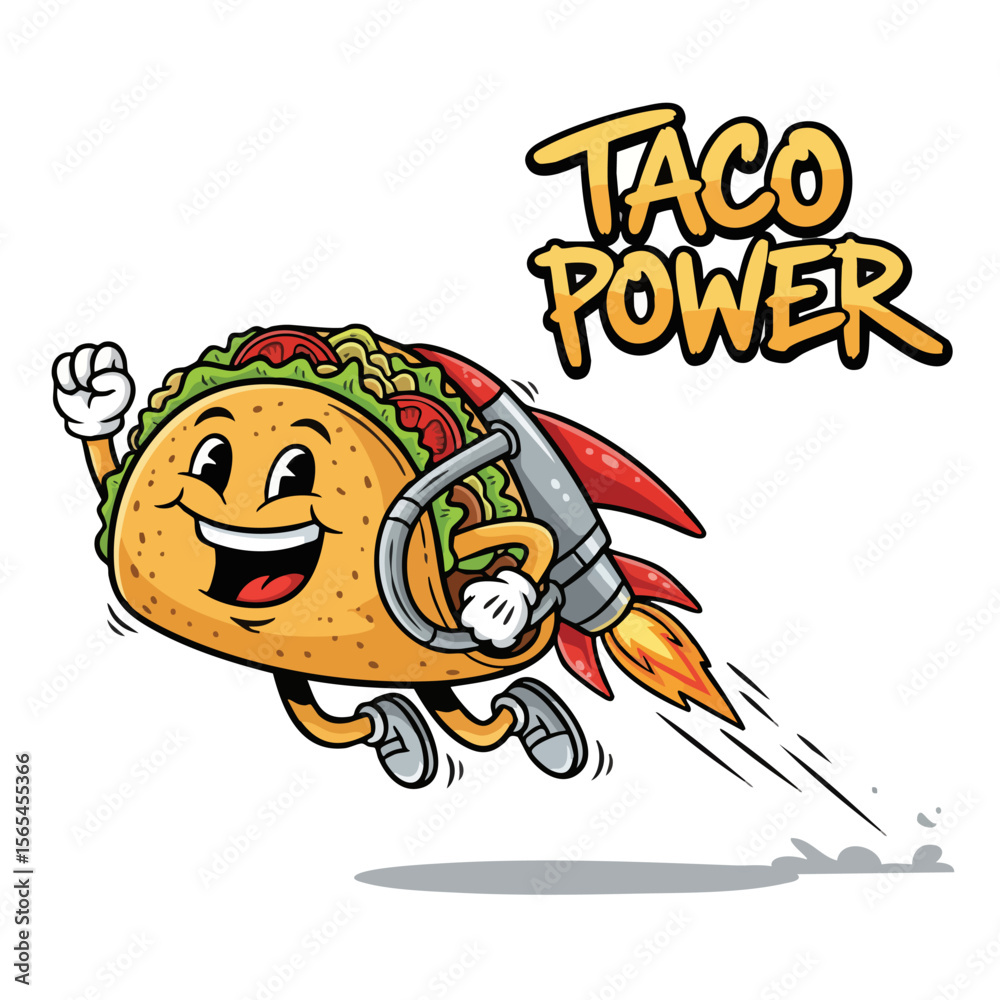Fototapeta premium Funny Cartoon Taco with Rocket Booster Flying with Taco Power Text Illustration