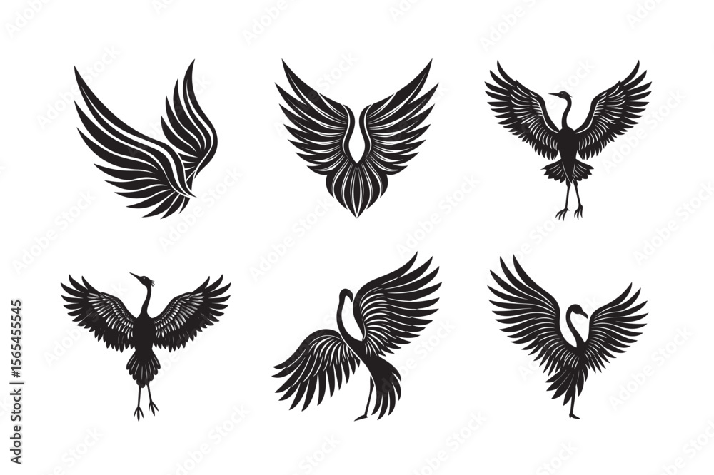 Fototapeta premium silhouette abstract bird and bird wing shape design set bundle on the white background