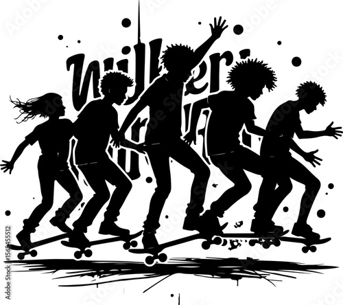 Skateboarders Going Uphill Silhouette Sequence vector bundle