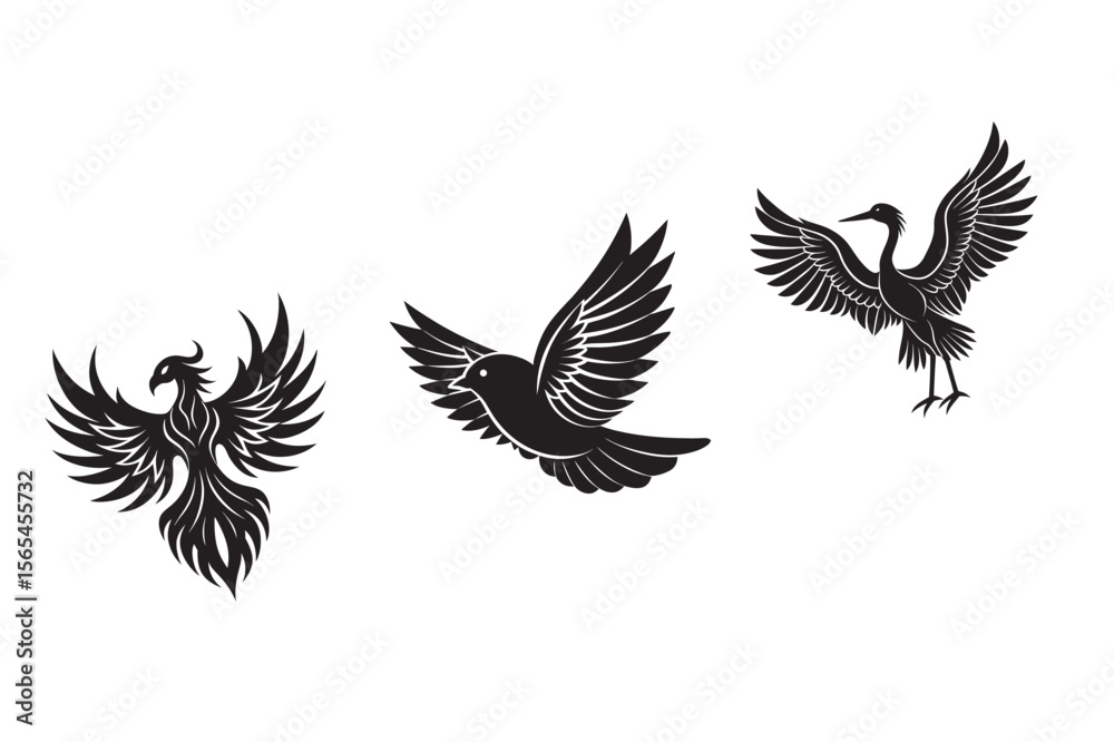 Fototapeta premium silhouette abstract bird and bird wing shape design set bundle on the white background