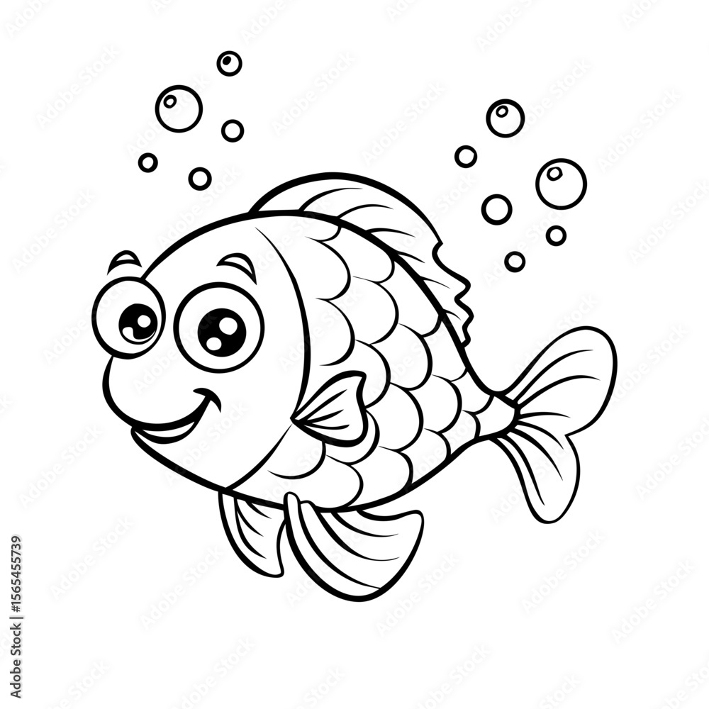 Obraz premium Cute Fish Coloring Page – Happy Cartoon Fish with Bubbles, Fun Printable Sea Animal for Kids, Ocean Life Coloring Sheet