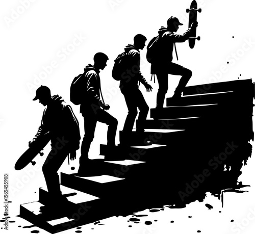 Skateboarders Going Uphill Silhouette Sequence vector bundle