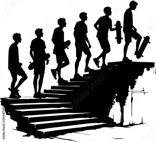  Skateboarders Walking Up Stairs Silhouette vector bundle
