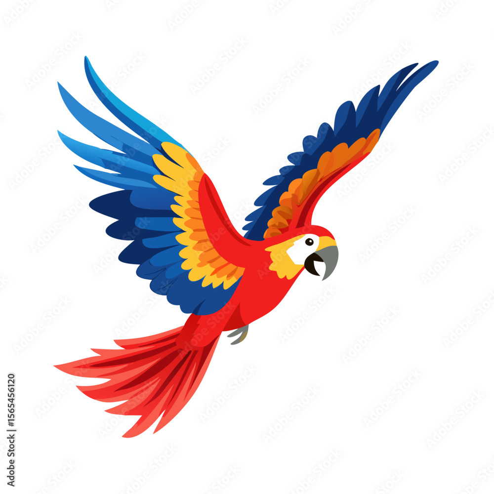 Fototapeta premium Colorful Flying Parrot Illustration – Scarlet Macaw with Vibrant Red, Blue, and Yellow Feathers for Tropical Art, Bird Logo, T-Shirt, and Sticker Design