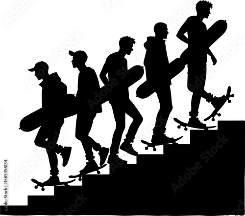 Skateboarders Walking Up Stairs Silhouette vector bundle