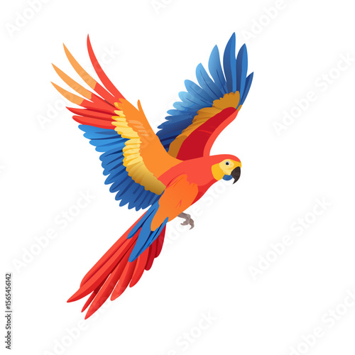Colorful Flying Parrot Illustration – Scarlet Macaw with Vibrant Red, Blue, and Yellow Feathers for Tropical Art, Bird Logo, T-Shirt, and Sticker Design