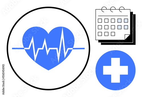 Heart with EKG line, medical cross, and calendar indicating health tracking, care planning, and appointments. Ideal for wellness, cardiology, scheduling, healthcare diagnostics prevention simple