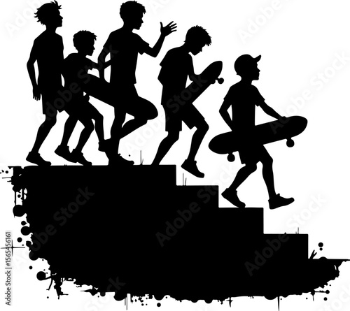 Skateboarders Going Uphill Silhouette Sequence vector bundle