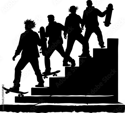  Skateboarders Walking Up Stairs Silhouette vector bundle