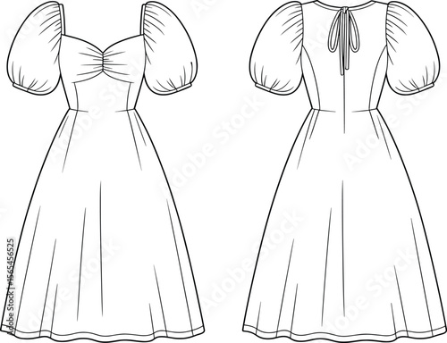 Puff sleeve ruched front midi dress with back tie – flat fashion technical sketch, front and back views
