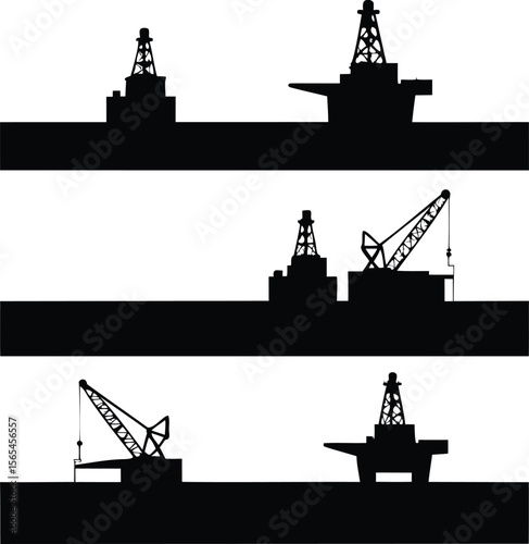 Silhouette of Oil Drilling Rigs and Equipment in an Industrial Landscape