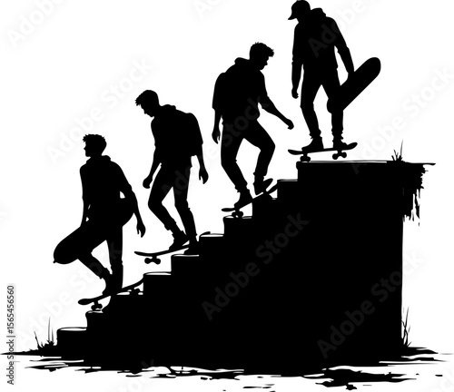 Skateboarders Going Uphill Silhouette Sequence vector bundle