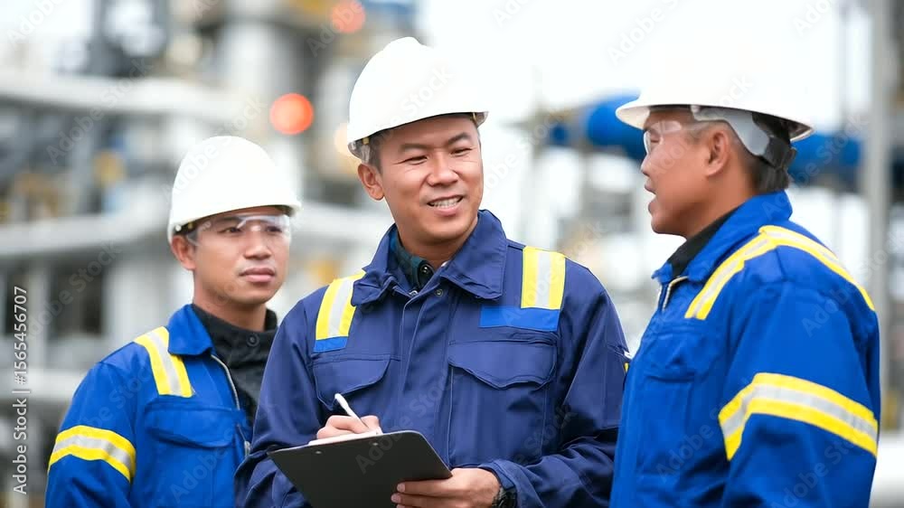 Inspection team discusses maintenance task while standing beside gas condensate separator, ambient noise of industry in background. Inspection team discusses maintenance task while standing beside gas condensate separator, ambient noise of industry in background.