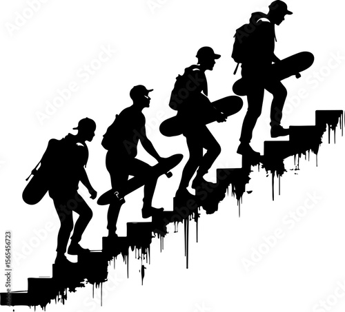  Skateboarders Walking Up Stairs Silhouette vector bundle