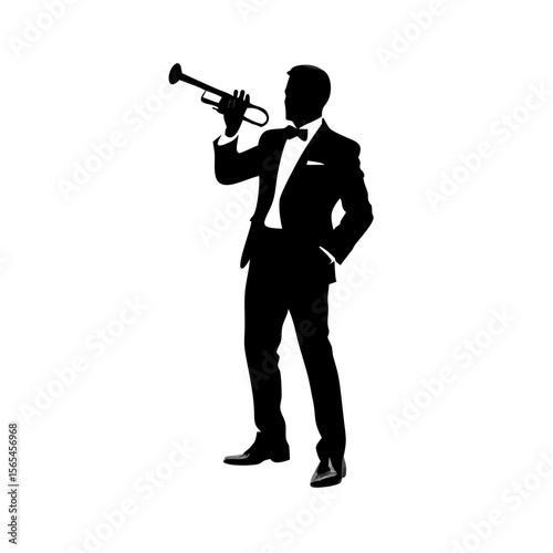 Trumpet Player Silhouette in Suit – Elegant Jazz Musician Vector Illustration for Posters, Album Covers, Events, Merchandise, Logos & Music Branding