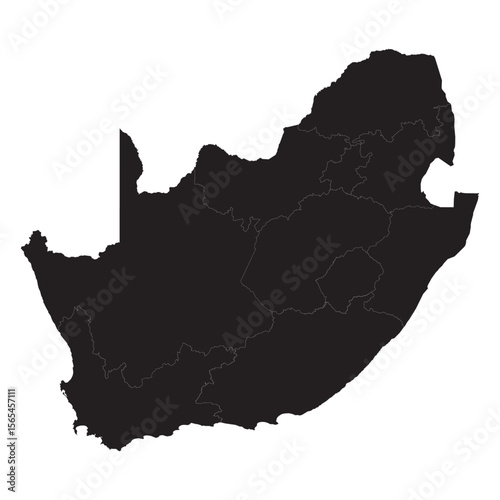 vector map silhouette of south africa with provincial borders, black isolated outline on white background

