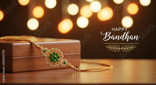 Golden rakhi with green stones on wooden gift box with glowing festive lights background for Indian Raksha Bandhan celebration of brother sister bonding