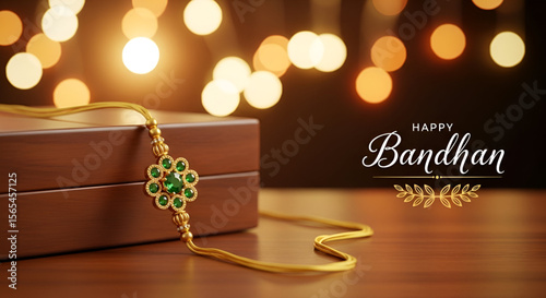 Golden rakhi with green stones on wooden gift box with glowing festive lights background for Indian Raksha Bandhan celebration of brother sister bonding
