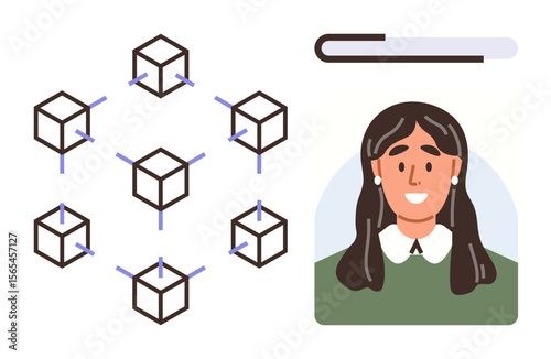 Blockchain network represented by interconnected cubes next to a female digital profile. Ideal for security, identity verification, technology, innovation, data storage, online authentication, simple