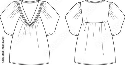 Women’s puff sleeve tunic blouse with deep V-neck and smocking detail – fashion flat sketch front and back view