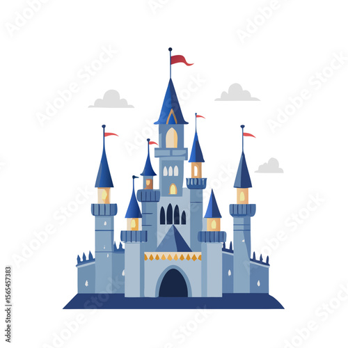 Fantasy Castle Vector Illustration – Fairytale Blue Palace with Towers and Flags, Magical Kingdom Clipart for Kids, Storybooks, Stickers, and Digital Art
