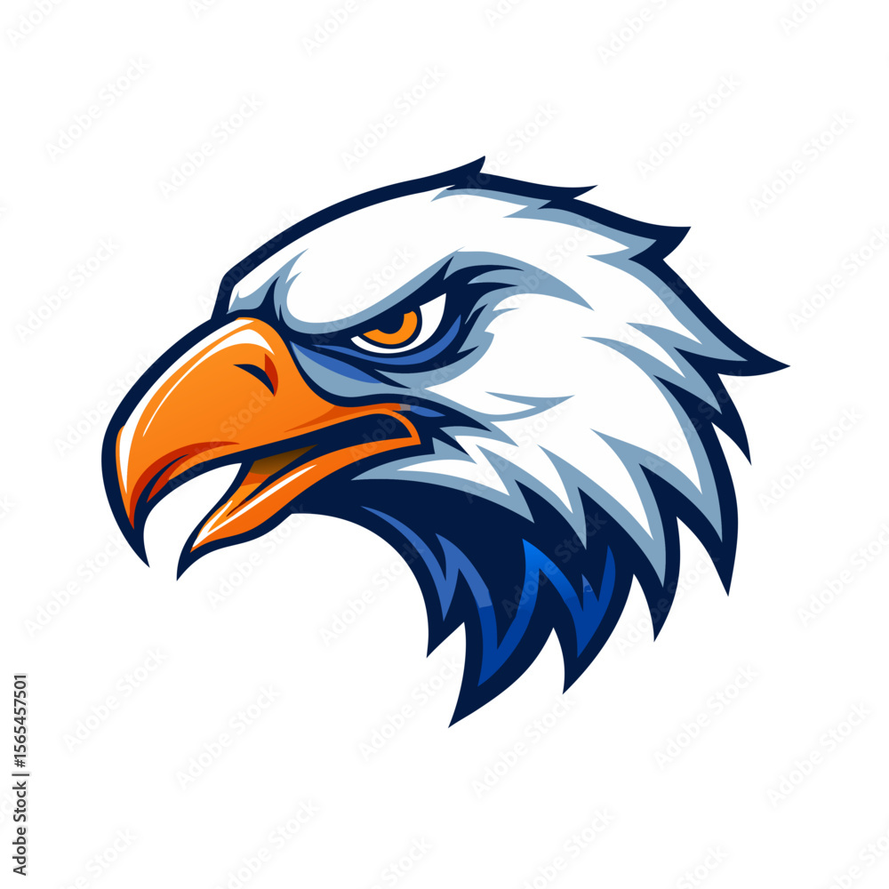 Obraz premium Bold Bald Eagle Head Vector – Fierce American Bird Mascot with Orange Beak and Blue Feathers, Perfect for Logos, Sports Teams, and Patriotic Graphic Designs