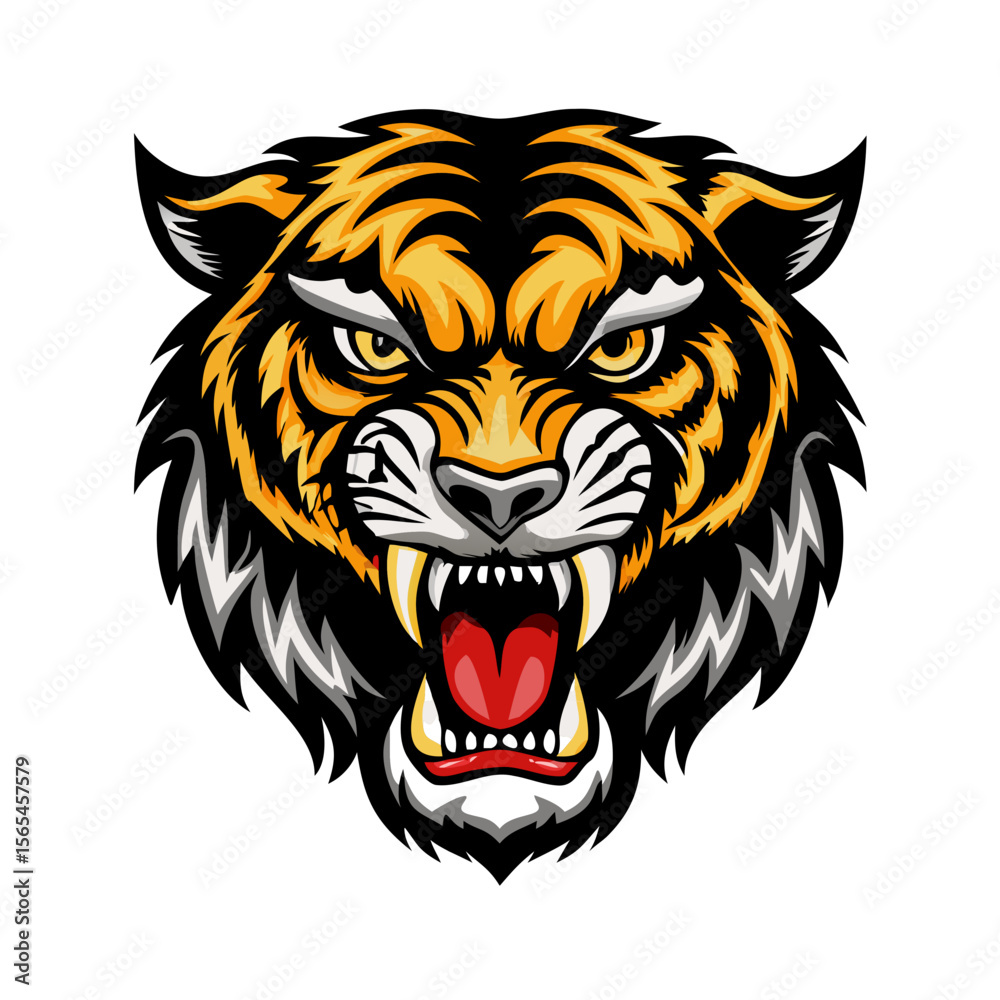 Fototapeta premium Roaring Tiger Head Vector Illustration – Fierce Jungle Predator Mascot with Glowing Eyes, Bold Striped Face for Logos, Sports Teams, and Digital Artwork