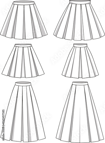 Women's pleated skirts – vector flat fashion sketches showing various lengths, box pleats, knife pleats, and A-line silhouettes.
