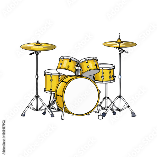 Yellow Drum Set Vector Illustration | Cartoon Music Instrument Clipart | Percussion Kit Isolated Art | Rock Band Drumsticks Cymbals Graphic PNG