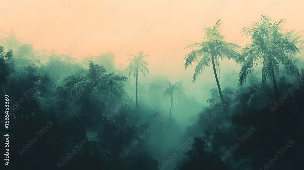 Naklejka premium Serene sunrise over lush tropical jungle with towering palm trees