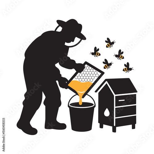 Beekeeper Harvesting Sweet Honey from Beehive Vector Illustration 