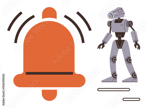 Vibrating orange bell alongside humanoid robot. Ideal for automation, AI, technology, communication, alerts, futuristic design, innovation. Represents a simple flat metaphor