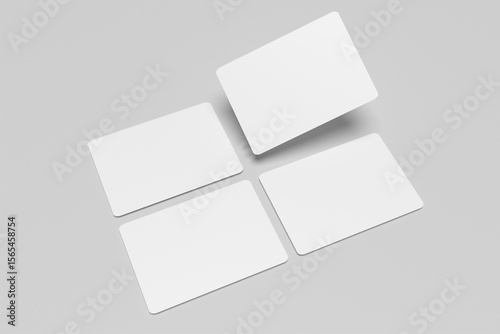 3D blank Mockup, white blank card with rounded corners, isolated on flat light grey surface, business card, poker playing cards, gaming cards