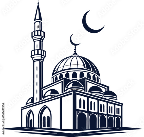 Elegant islamic mosque with a tall minaret and crescent moon symbol against a white background