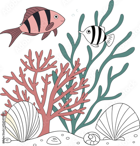 Two colorful cartoon fish swim among coral and seaweed in a vibrant underwater scene