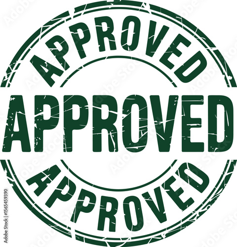 Green round approved stamp with bold text and grunge effect for official document or certification label  