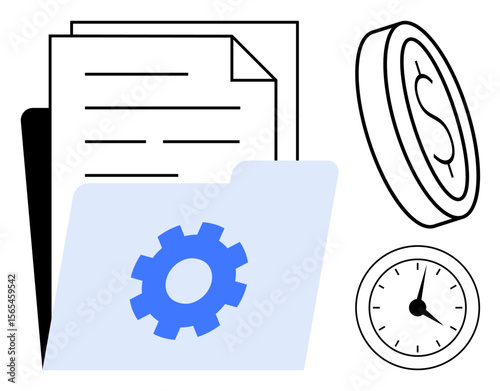 Files, a folder with a gear icon, a clock, and a dollar coin highlight productivity, organization, value, time management, finance planning and process optimization. Ideal for simple flat metaphor