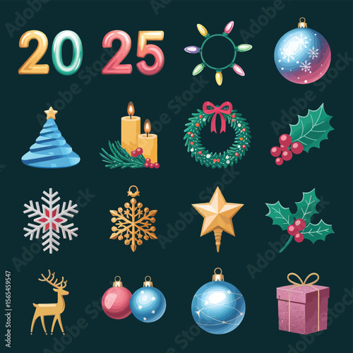 vector Happy New Year Celebrating 2025 in Latin letters , Christmas Decoration Items Santa Claus