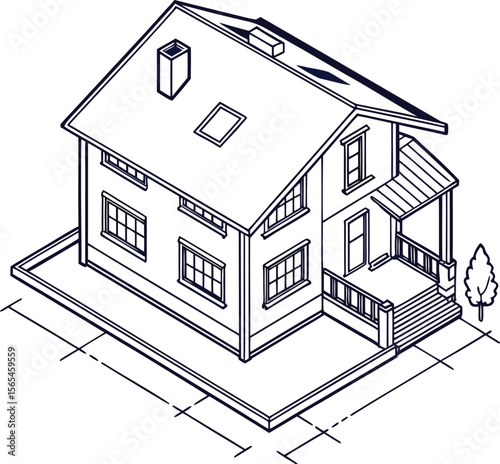Architectural drawing of a modern residential house with a porch and attic window in isometric view