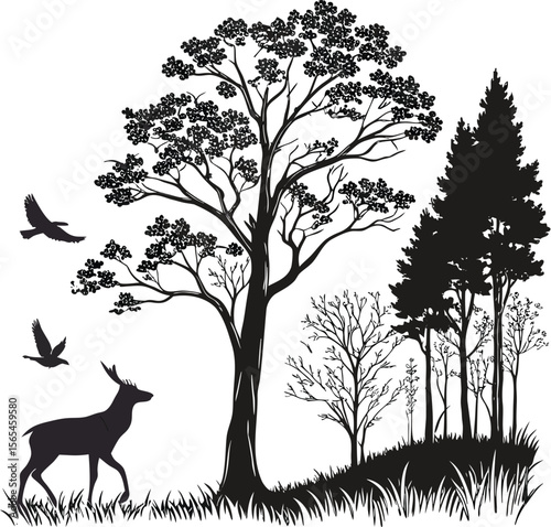Silhouette of a majestic deer walking through a forest with birds flying above and various trees