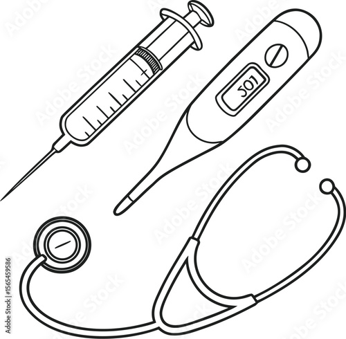 Collection of medical instruments including a syringe thermometer and stethoscope on a white background
